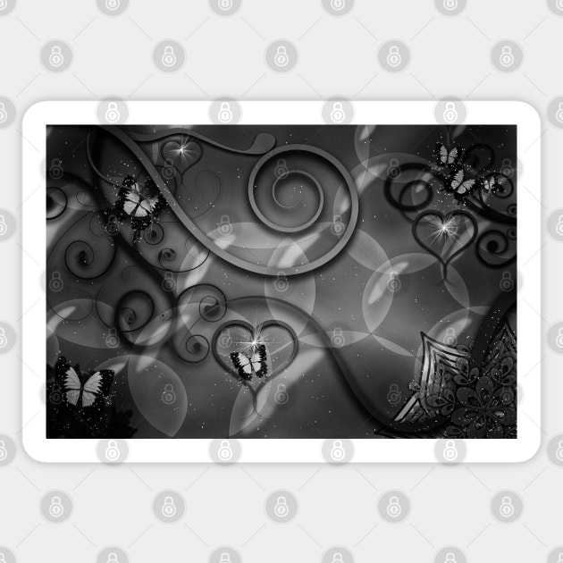 Hearts Twinkling, Vines Creeping, Butterflies Flying, Bubbles Floating , Flowers & Leaves in a Fantasy World of Black & White Sticker by karenmcfarland13